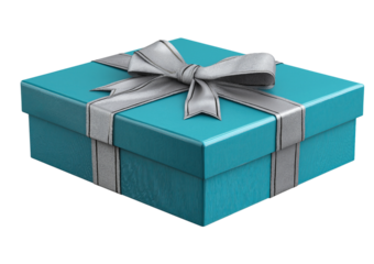 Turquoise Gift Box with Silver Ribbon isolated on a transparent background