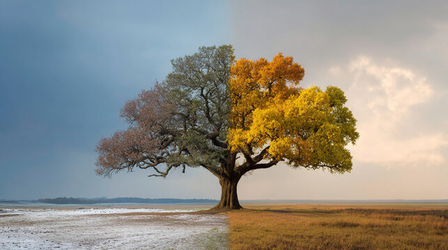 A single tree split by seasons shows the duality of time and nature symbolizing change growth and renewal blending spring summer autumn and winter into one harmonious life cycle