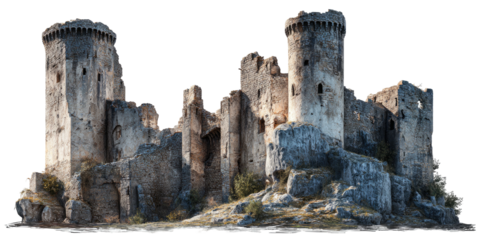 Weathered fortress with two tall towers, crumbling walls, and rocky terrain