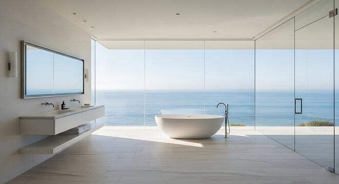 Ocean View Bathroom - Modern Design with Bathtub and Panoramic Coastal Vista.