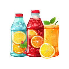 Illustration of three colorful fruit drinks in bottles and a glass transparent background, png