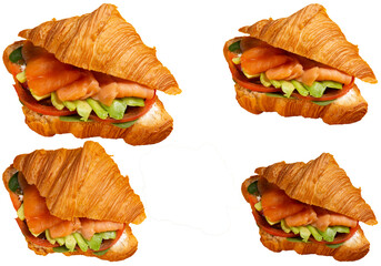 Croissant with salmon and avocado. 
transparent.