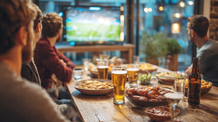 Group of young men watching a sports game on a large screen TV in a cozy home environment, with a table full of food like chicken wings and snacks, alongside several glasses of beer and bottles
