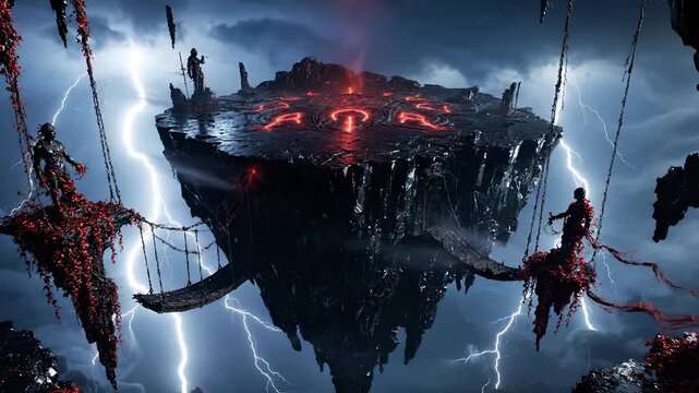 Floating island anchors dark platform. Glowing rune and molten lava mark surface. Jagged cliff and spire surround deep abyss. Crackling lightning frames drifting tendril and massive rickety bridge.