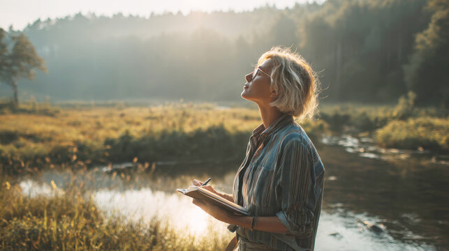 Inspired Environmental Scientist, Artist, or Writer Taking Notes in Journal, Bathing in the Golden Morning Light by Misty River, Capturing Tranquil Connection between Creative Work, Nature Observation