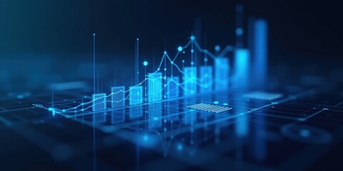 Dynamic digital financial chart with glowing blue data visualizations and ascending bars