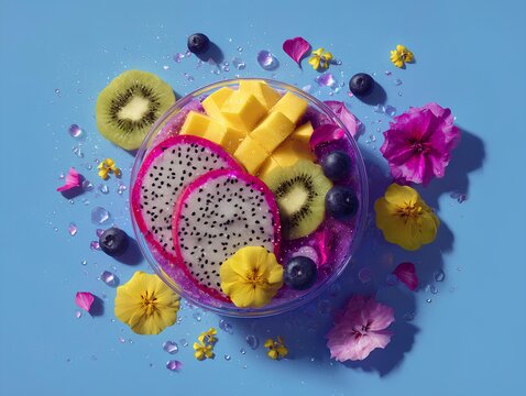 Colorful dragon fruit smoothie bowl topped with fresh mango cubes, kiwi slices, blueberries and yellow edible flowers, arranged in a glass bowl on a bright blue background with water droplets.