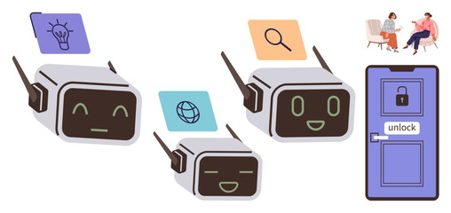 AI bots expressing ideas, searching data, and enabling global connections while unlocking opportunities. Ideal for technology, communication, innovation, access, problem-solving, automation