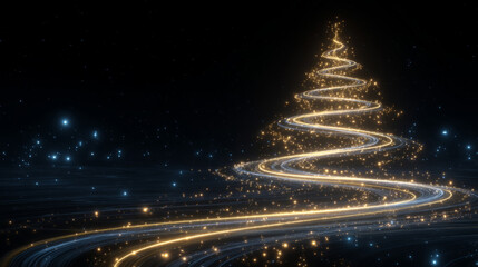 elegant black background, stylized Christmas tree made of spiraling golden and silver light trails, glowing sparkles surrounding it