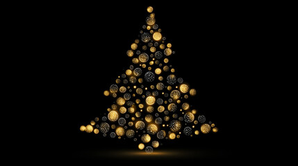Christmas tree silhouette built from gold and silver orbs, sparkling softly over matte black backdrop