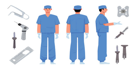 Surgeon character in scrubs from multiple angles with medical tools