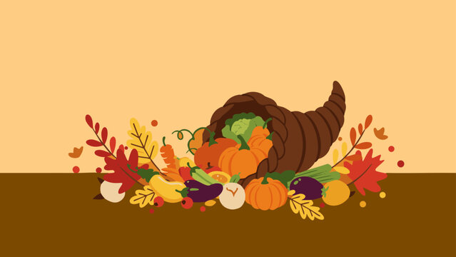 Traditional Cornucopia Filled with Autumn Fruits and Vegetables &ndash; Symbol of Harvest, Abundance, and Thanksgiving with Colorful Fall Leaves and Seasonal Produce