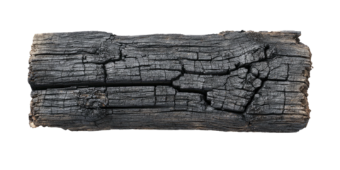 Close-up of charred, weathered wooden plank with deep cracks and a rough, textured surface