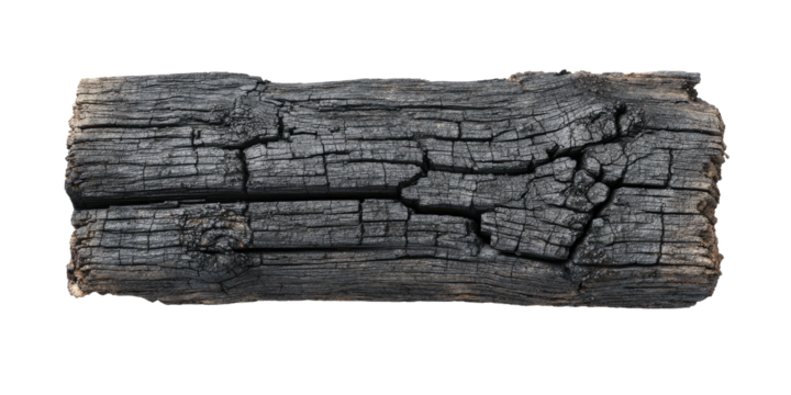 Close-up of charred, weathered wooden plank with deep cracks and a rough, textured surface
