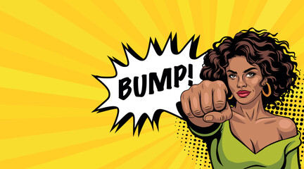 Young woman in pop art style, punching with hand. Isolated on background. Comic text in pop art style.