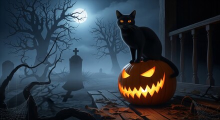 Pixelated Black Cat with Glowing Eyes on Carved Jack o Lantern at Moonlight Cemetery