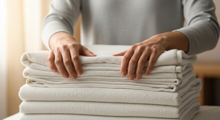 Person carefully folding a stack of clean white laundry at home.