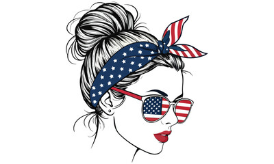 Stylish vector illustration of a woman with a messy hair bun wearing sunglasses and a bow or headband patterned with the American flag.