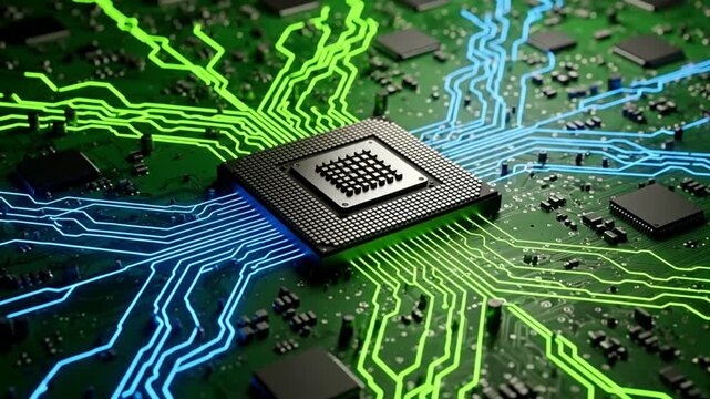 Close up of a central processing unit on a green circuit board with glowing blue and green data lines, symbolizing technology, artificial intelligence, generative AI