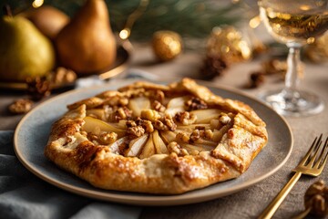 Spiced Pear and Walnut Galette on light blue plate with gold fork. Concept of warm, cozy indoor setting with festive decorations, rustic galette filled with pears and walnuts.