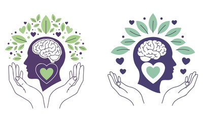 Creative and inspiring Brain and Mind Growth Vector Illustrations featuring cartoon brains, hearts, and mental wellness icons