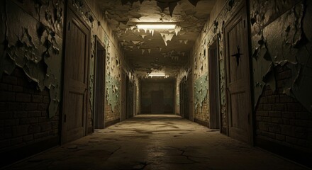 Fototapeta premium Dimly Lit Decayed Corridor with Peeling Paint and Closed Doors in an Abandoned Asylum