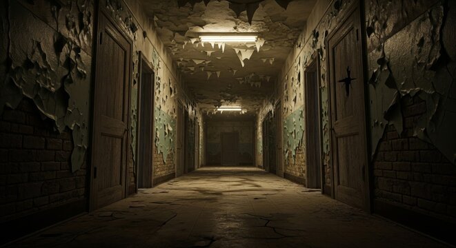 Dimly Lit Decayed Corridor with Peeling Paint and Closed Doors in an Abandoned Asylum