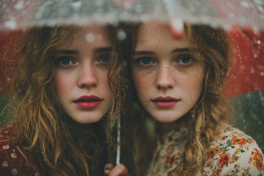 Twin girls standing together under an umbrella in the rain looking at the viewer