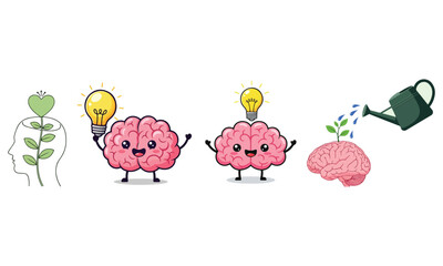 Creative and inspiring Brain and Mind Growth Vector Illustrations featuring cartoon brains, hearts, and mental wellness icons