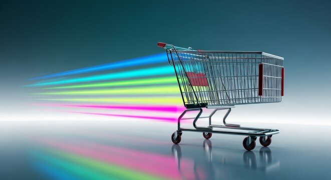 Shopping cart with colorful speed lines, fast delivery concept.