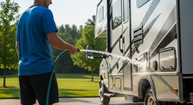 Man Washing His Recreational Vehicle with a Hose.