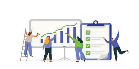 Team Analyzing Business Growth Chart on Whiteboard and Clipboard