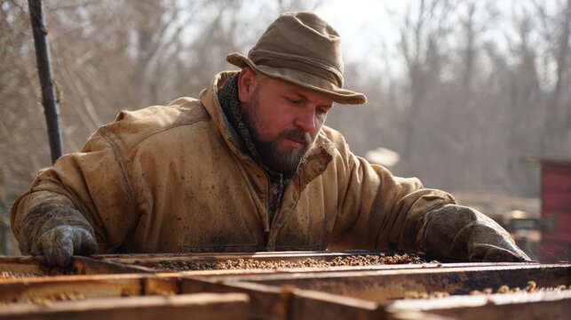 A beekeeper carefully inspecting a wooden beehive outdoors