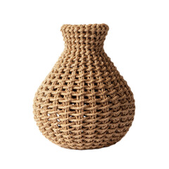 A vase made of woven material sits on a white background