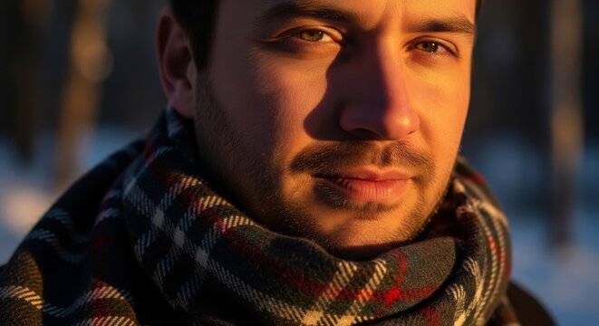 Close Up Portrait of Man Covered in Snow with Plaid Scarf in Winter Sunlight
