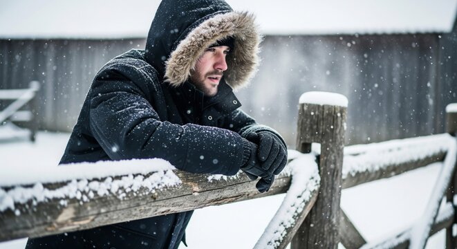 Man in Warm Coat with Fur Hood Leaning on Wooden Fence in Snowy Weather