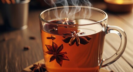 Close up Mug of Hot Tea with Star Anise on Wooden Tabletop in Warm Light