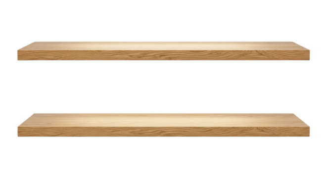 Empty wooden shelf isolated on transparent background for product display and advertising mockup template