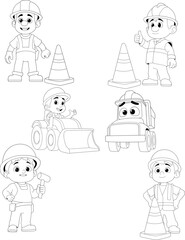 Black and White Cartoon Construction Worker and Equipment Set Vector Illustration