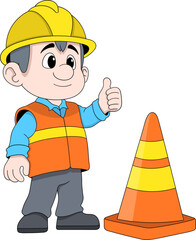 Fototapeta premium Cartoon Construction Worker Giving Thumbs Up with Traffic Cone Vector Illustration