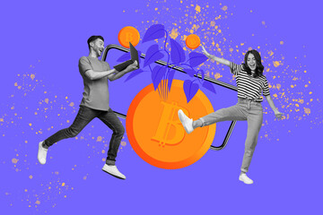 Full image poster banner collage of happy businessman businesswoman miner stand phone device bitcoin coin income capital