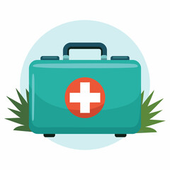 Obraz premium Teal First Aid Kit with Red Cross Illustration and Vegetation Background Healthcare and Medical Assistance Supplies for Emergency Preparedness