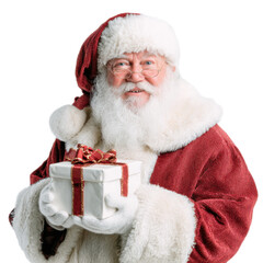 A jolly old man in a red suit holding a white box with a red ribbon