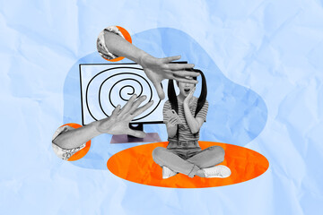 Artwork sketch 3d image full collage of shocked girl hold phone fake new propaganda pc monitor hypnosis addicted technology