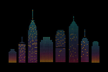 Vibrant Urban Skyline at Night Abstract Cityscape with Colorful Buildings and Glowing Windows on a Black Background