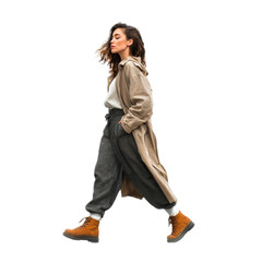 A woman wearing a tan coat and pants walks on a white background