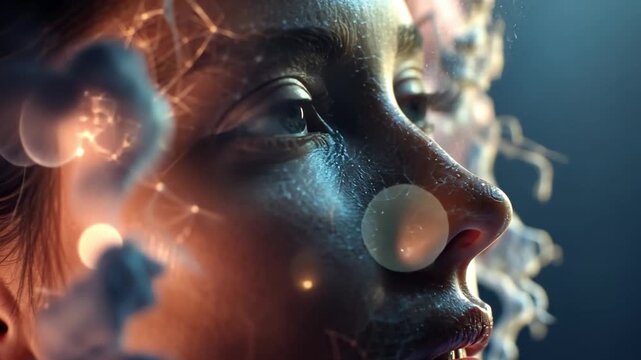 Mindscape Exploration: A close-up view of a person's face merges with abstract patterns of light, energy, and connected dots.