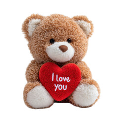 A teddy bear holding a red heart with the words "I love you" written on it