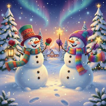 Joyful Snowmen Celebrating Under the Northern Lights with a Cozy Cabin and Christmas Trees 