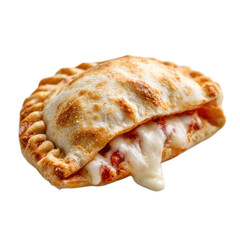 A pizza is cut in half and has melted cheese oozing out of it